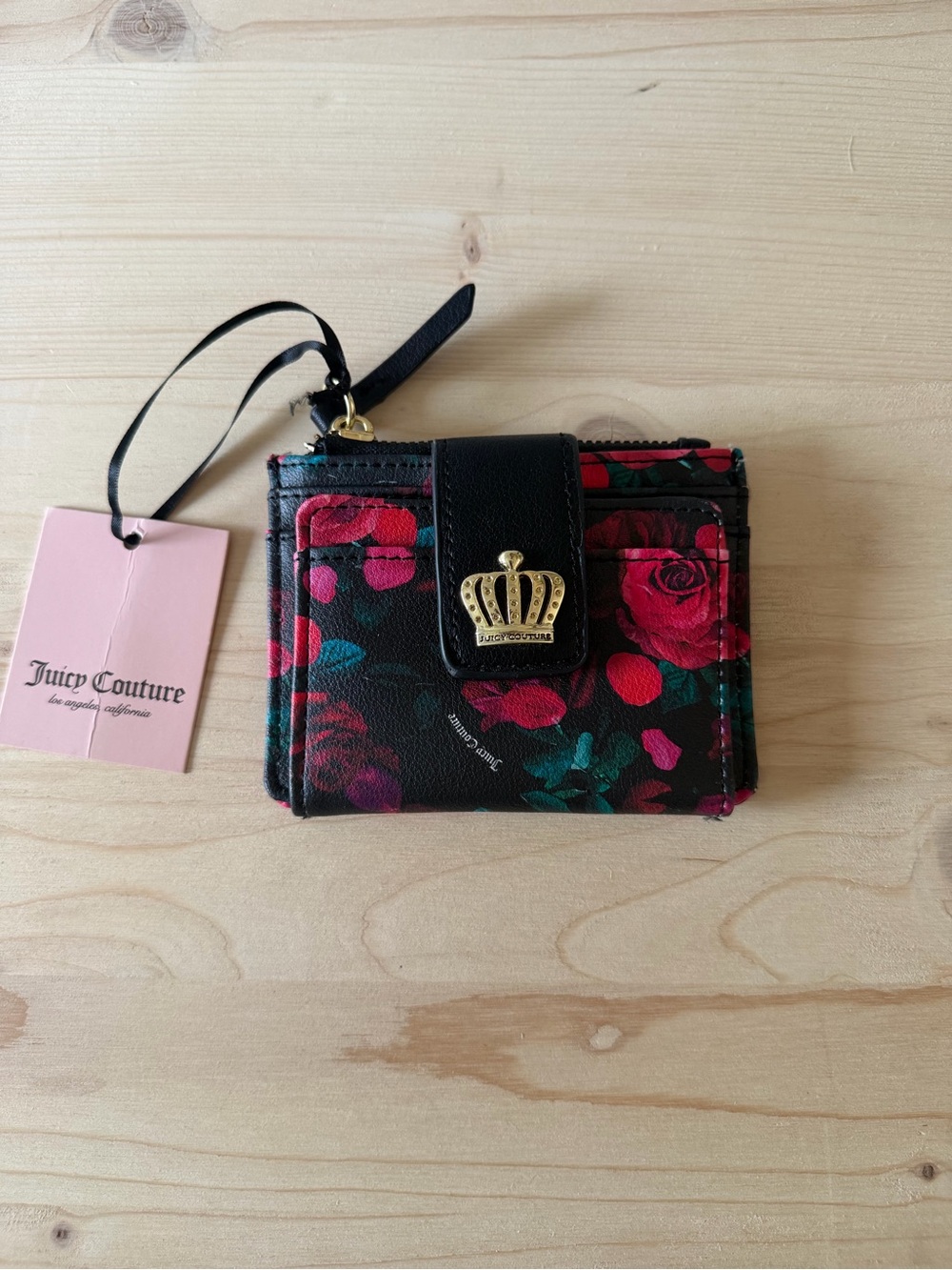 Juicy Couture Black Floral Card Holder with Gold Crown Accent